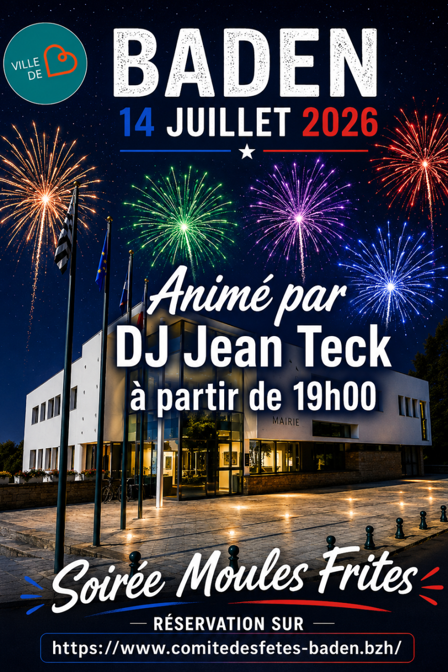 Fete nationale14 juillet Baden (56) proche de vannes. Repas moules frites sur réservation